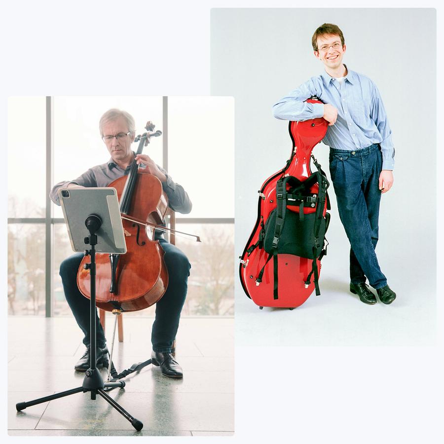 Bildmontage: Joachim Fiedler mit rotem Cellokasten und beim Cellospielen vor einem Tablet-Notenständer.
